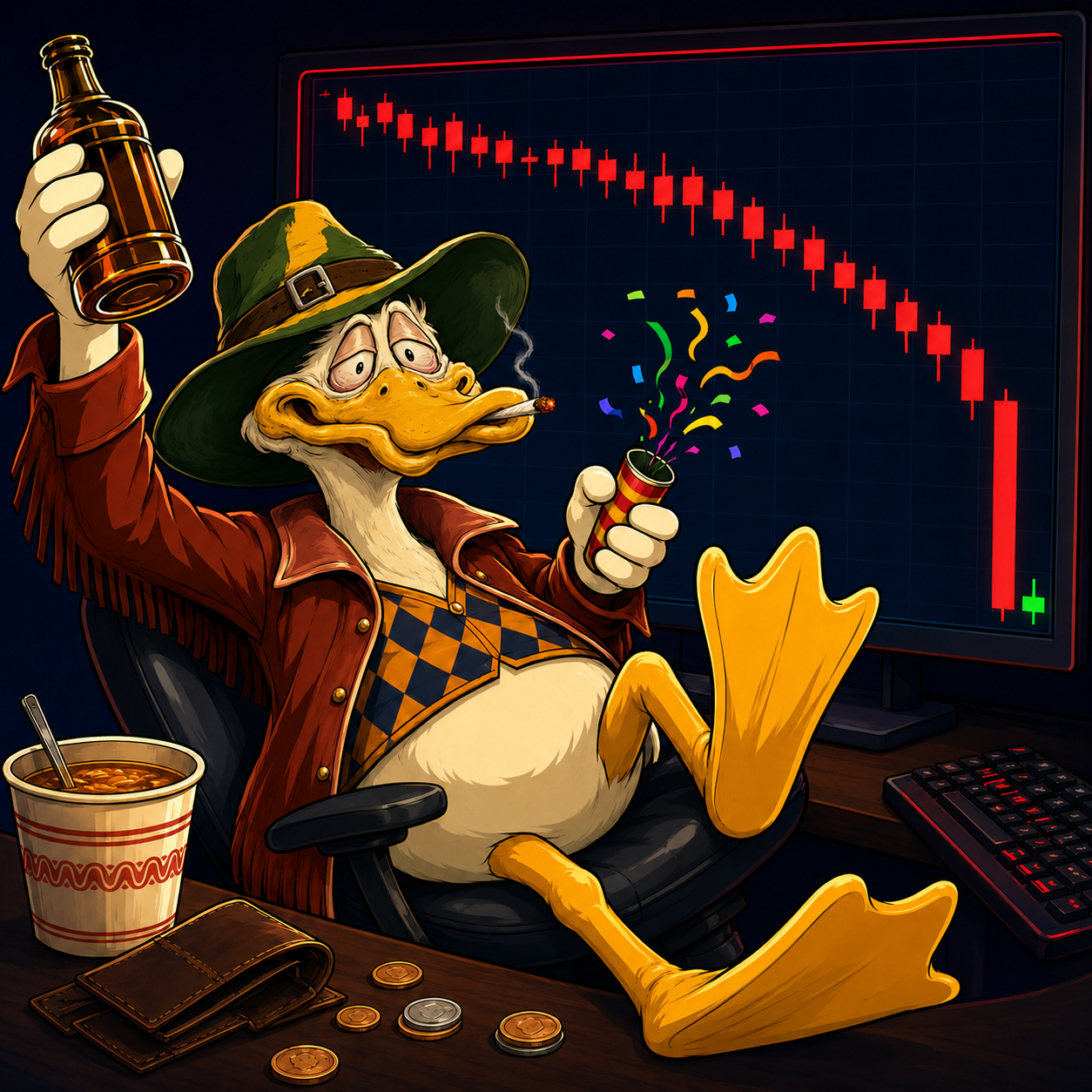 Fup lounging with a bottle in front of a red candlestick chart